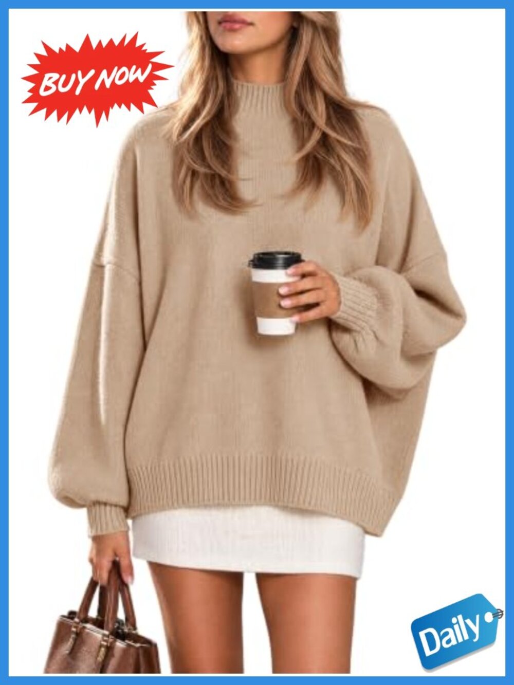 Oversized Mock Neck Tunic Sweater Lantern Sleeve Fall Pullover